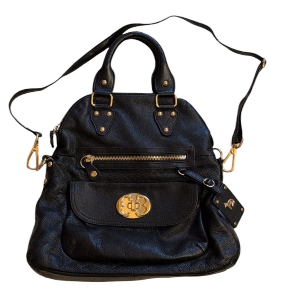 Emma Fox Black LeatherโConvertible Crossbody Gold Accents Turnlock Closure